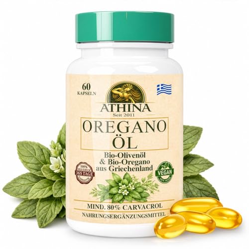 Athina® Oregano Öl Vegan Bio 1 x 60 Kapseln I 100 mg Athina® Wildes Berg Oregano Öl I Origanum vulgare hirtum aus Griechenland I 80% Carvacrol I Reine & natürliche Zutaten