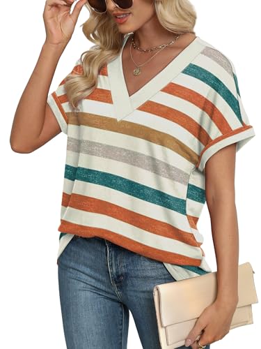 WIHOLL Tshirts Shirts for Women Summer Tops 2026 Spring Short Sleeve Dressy Beach Vacation Clothes Blouses Casual Outfits Orange Stripes XL