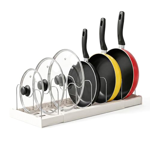 Suyaequt Expandable Pans and Pots Organiser Rack, 32-57cm Kitchen Storage with 7 Adjustable Dividers, Stainless Steel and HIPS Plastic, Suitable for Pantry, Countertop or Cabinet, White