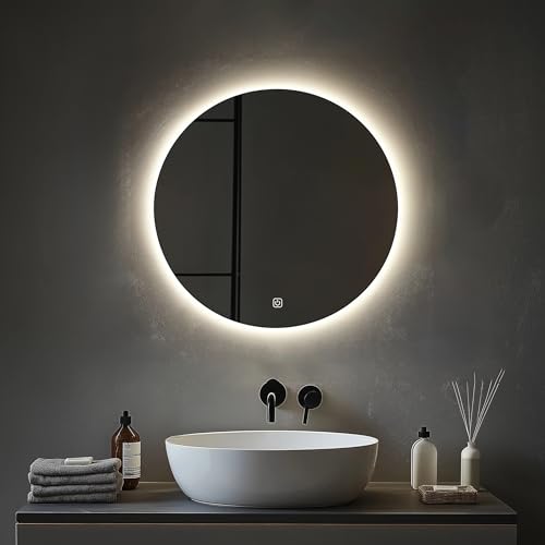 MYGIIVOVO Rund Badezimmer Wandspiegel, Badspiegel Mit Beleuchtung, 59cm Spiegel mit LED Licht, Touch...