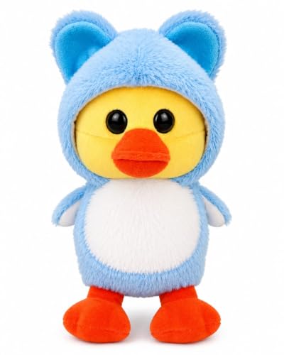 Image of Cute Blue Hooded Duck Plush Toy with Bear Hoodie - Soft Stuffed Animal Doll for Kids, Babies & Toddlers | Huggable Cuddly Plush Gift for Boys & Girls | Premium Soft Fabric 25CM