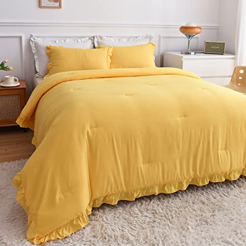Aikasy Yellow Ruffle Comforter Queen, 3 Pieces Vintage Ruffle Fringe Comforter, Farmhouse Rustic Microfiber Down Alternative Bedding Comforter Set (1 Comforter + 2 Pillow Shams) #TOP1