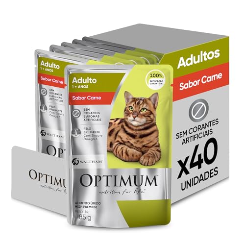 Pack Ração Úmida Optimum Sachê para Gatos Adultos Sabor Carne 85g - 40 unidadaes