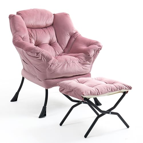 TIANSHU Sillon Relax Sillón con Reposapiés, Sillones para el Salón de Terciopelo, Butaca con Soporte para el Cuello Sillon Lectura Patas de Metal Butaca Dormitorio Sillón Tapizado (Rosa)