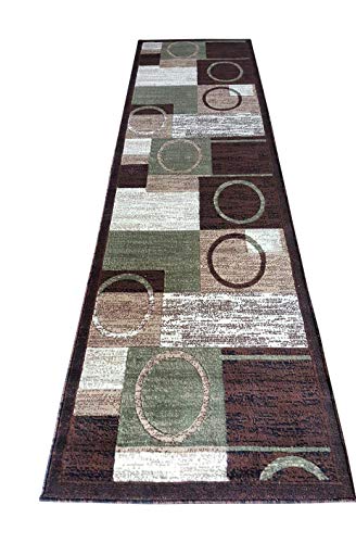 Modern Long Runner Area Rug Brown Beige & Green Design 1497 (32 Inch X10 Feet) #TOP14