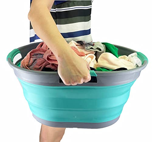 SAMMART 25L zusammenklappbarer Wäschekorb aus Kunststoff – Faltbarer Pop-Up-Aufbewahrungsbehälter/Organizer – tragbare Waschwanne – platzsparender Wäschekorb (Grau/Türkisblau)