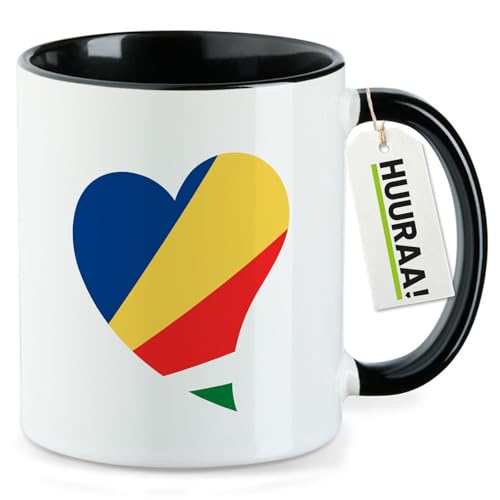 Huuraa Kaffeetasse Seychellen Flagge Herz 330ml Schwarz Keramik Kaffeebecher Geschenkidee