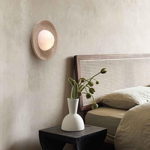 ZHUXMF Retro Natural Stone Wall Sconces Round Travertine Wall Sconce G4 Base Marble Wall Lights Vintage Japanese Wabi Sabi Style Glass Wall Light for Bedroom Bedside Living Room Vanity(25CM) by ZHUXMF - Used condition - Image 5