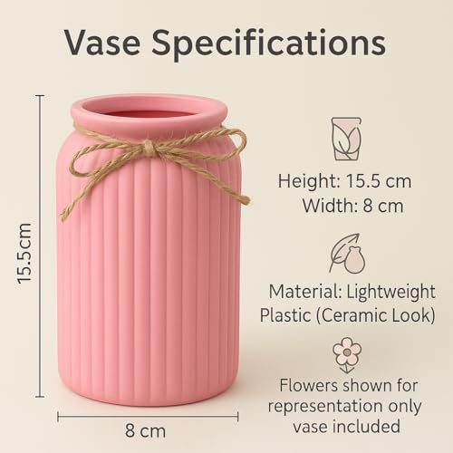 Image of Plastic Ribbed Decorative Vase with Jute Rope Top | Ceramic Look, Unbreakable Flower Pot for Centre Table, Balcony & Living Room Decor | Only Vase (No Flower) (Pink)