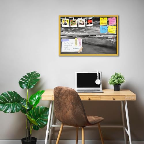 Image of ArtzFolio Sea, Air, & Land Monochrome Contrast | Bulletin Board Notice Pin Board | Vision Soft Board Combo with Thumb Push Pins & Sticky Notes | Golden Frame | 24 x 16 inch (61 x 41 cms)