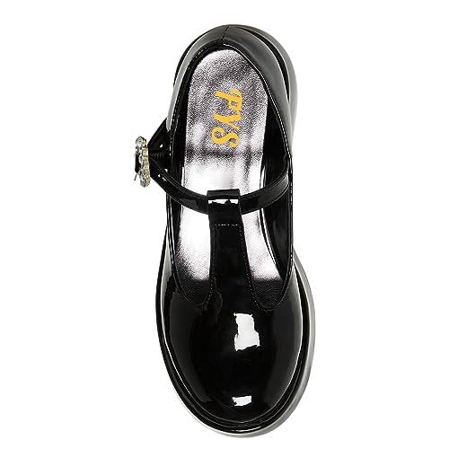FYS Women Rhinestone Buckle Round Toe Pumps T Strap Mary Janes Platform Chunky Mid Heels Uniform Lolita Party Shoes Size 4-16 US3
