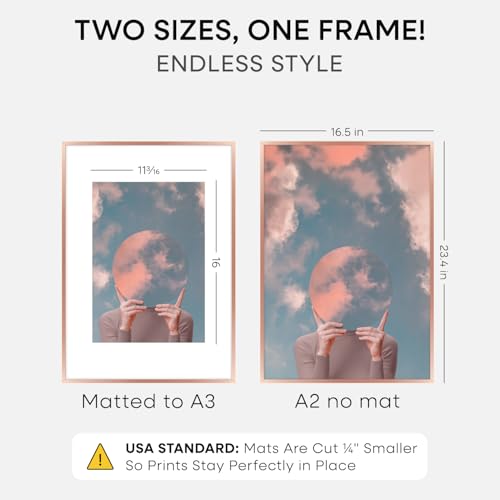 Image of Homeforia A2 Poster Frame Rose Gold, High End Metal A2 Picture Frame Rose Gold with Mat A3 for Print, 16.5x23.4 Frame Matted to 11.7x16.5 Photo, 16.5 by 23.5 Frames, Tempered Glass, Wall Kit, Set of 1