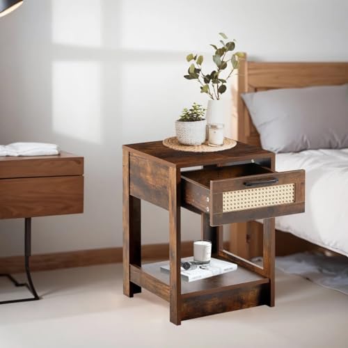 Image of MISAN Boston Solid Wood Bedside Table with Rattan Drawers Mid Century Night Stand for Living Room, Bedroom (I - Hony)