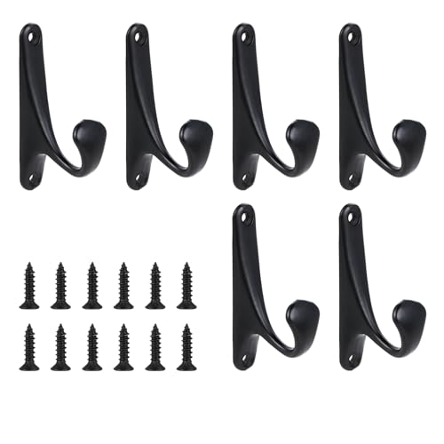 Flearitzo 6 Piezas Ganchos de Abrigo Negro – Ganchos de Metal con Tornillos - Ganchos Percheros de Pared para Baño, Dormitorio, Armario, Abrigos y Sombreros