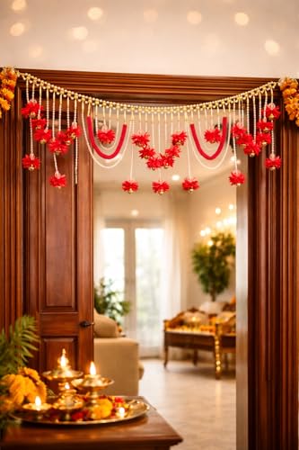 Image of Luxury Red Floral Pearl Toran 3 Feet | Handcrafted Traditional Bandhanwar for Door & Mandir | Festive Indian Home Decoration