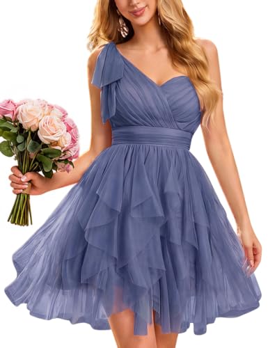 VOUIAO Women One Shoulder Tulle Bridesmaid Dress Formal Evening Gown Prom