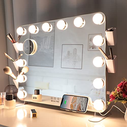 ANYHI Hollywood Spiegel mit Beleuchtung,Makeup Spiegel mit 14 Dimmbare LED Leuchten,Schminkspiege mit 3 Lichtfarbmodi Einstellbare Helligkeit,Handyhalter,Tischspiegel für Schlafzimmer(58x46CM) Cover
