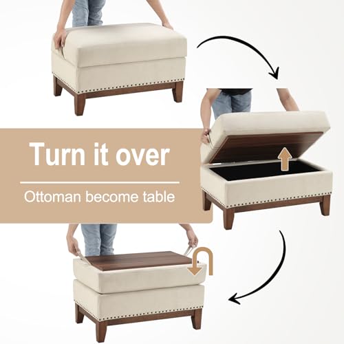 Image of Multifunctional Storage Ottoman with Flip-Top Table, Upholstered Footrest with Storage Space, Stylish Coffee Table with Solid Wood Legs for Living Room, Beige