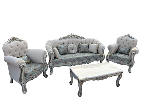 Image of Wooden 5 Seater Sofa Set with CenterTable, Solid Wood Hand-Carved Silver Deco Sofa with Luxury Traditional Furniture for Living Room, Home, Office