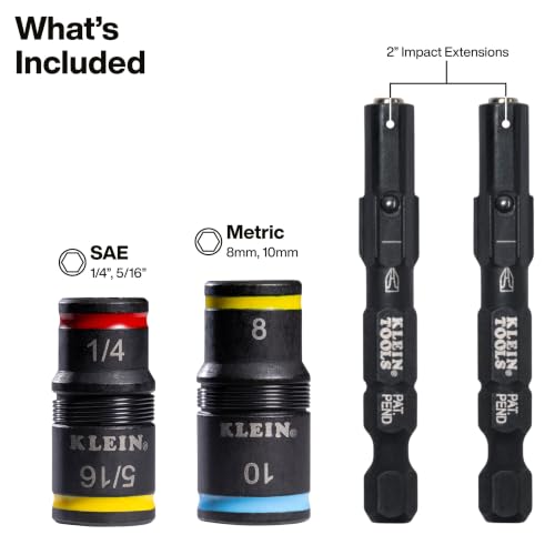Image of Klein Tools 80213 2-Piece Impact Socket Set, SAE and Metric Flip Socket Set, 4 Hex Nut Driver Sizes and 1 /4-Inch Bit Holder, 2-Inch Shafts