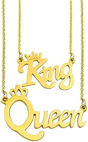 AJS Golden Trending Valentine's Day Special Metal Stainless Steel King And Queen Name Letter Romantic Love Couple Locket Pendant Necklace With Chain For Boy's And Girl's (Set Of 2 Pcs)