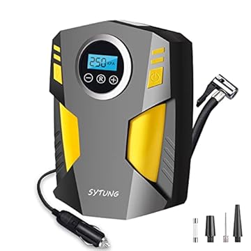 SYTUNG Compressore Aria Portatile, Compressore Aria Portatile Auto con 3 Adattatori per Ugelli e Luci LED Digitali per Pneumatici per Auto e Altri Prodotti Gonfiabili