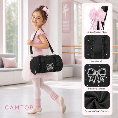 Image of CAMTOP Girls Dance Duffle Bag with Shoe Compartment, Ballet Gymnastics Bag for Girls 4-6, Toddler Travel Overnight Sports Bag with Strap, Cute Ballerina Gift (Black Polka dot)