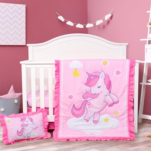 Image of UOMNY Crib Bedding Set for Girls 4 Piece Unicorn Baby Girl Crib Bedding Sets with Baby Comforter Crib Sheet Crib Skirt Pillowcase Nursery Bedding Set