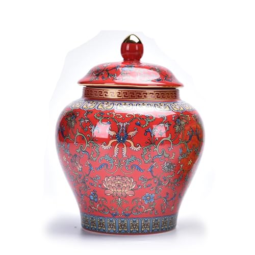 Image of Red Ceramic Ginger Jar with Airtight Lid - Perfect for Home Living Room Decoration, Gifts, and Elegant Ornaments