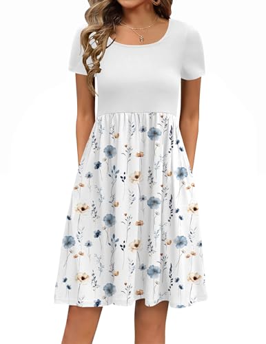 Zeagoo Sommerkleid Damen Elegant Tunika Kleid Blumenkleid Kurzarm Knielang Swing Kleid Casual A Linie Rundhals Kleid Blusenkleid mit Taschen Frühling...