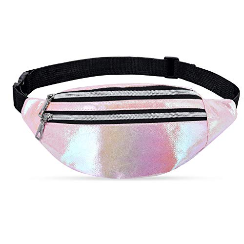 LIVACASA Sac Banane Fille Femme à Effet Holographique Sac Banane Ville Etanche Sacoche de Ceinture Sac de Voyage Brillant pour Loisir Soirée ou Randonnée Rose