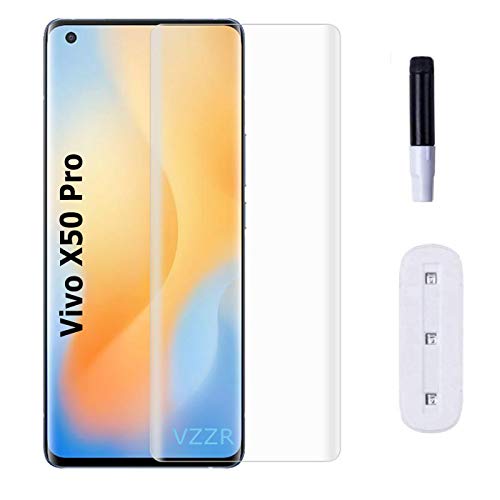 Image of VZZR?'s UV Tempered Glass for Vivo X50 Pro Advanced Border Less Full Screen Coverage (except edges) UV Screen Protector Guard with Installation Kit - Pack of 1