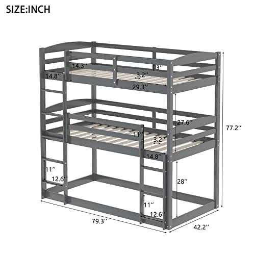 Lostcat Twin Over Twin Over Twin Triple Bunk Bed,Solid Pine Wood Bedframe With Built-In Ladder & Safety Guardrails,Can Be Divided Into 3 Separate Bed For Kids Teens Adults,No Box Spring Needed,Gray #TOP1
