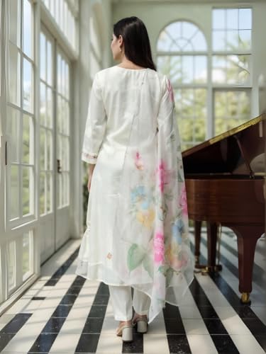 Image of INDO ERA Women's Liva Floral Embroidered Thread Work A-Line Kurta & Pant with Dupatta Set | Anarkali Kurta Set With Dupatta