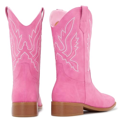 Cowgirl Boots Square Toe Cowboy Boots For Women Ladies Mid Calf Low Heel Flat2