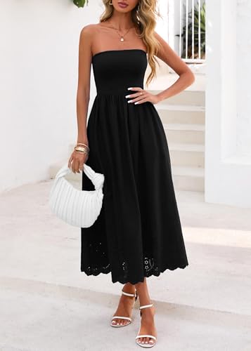 Lazysmile Summer Boho Maxi Dress for Women Strapless Tube Top Lace Trim A Line Beach Casual Long Dress Black — view 6