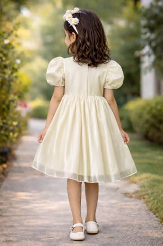 Image of Buy & Try Girls Crystal Puff Sleeve Birthday Dress for Baby Girls | Silk Knee-Length Frock with Zipper Closure | Party Outfit for Kids | Perfect Birthday & Special Occasion