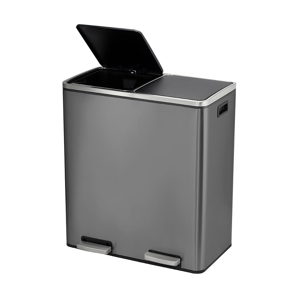 Panana 60L Poubelle à Double Compartiment 2 x 30L, avec 15 Sacs Poubelles, Pédales en Métal, 2 Seaux Intérieurs en Plastique, Couvercles, Poignées, Fermeture en Douceur (Gris)