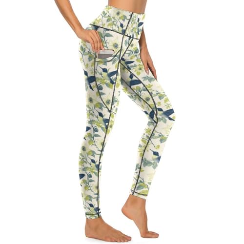 Pantalon de yoga colibris vert avec poches latérales et gainage total