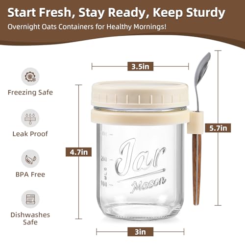 Image of LANDNEOO 4 Pack Overnight Oats Containers with Lids and Spoons, 16 oz Glass Mason Jars with Airtight Lids, Overnight Oats Jars for Milk, Cereal, Fruit-Beige