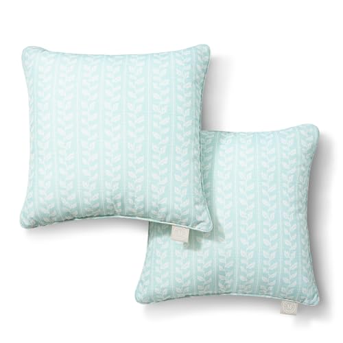 Martha Stewart Vineyard Vines Indoor Outdoor Decorative Pillow 2-Pack Set, UV Fade Resistant, Water Repellent, Printed Garden Design, Aqua Blue, 18