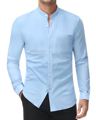 DEMEANOR - Camisas elásticas de manga larga para hombre, cuello mao, ajustado al músculo, informal, azul celeste, XXL