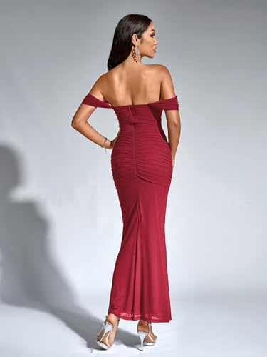Image of KUTUMAI Off The Shoulder Maxi Long Dress Corset Ruched Bodycon Cocktail Formal Wedding Guest Dresses for Women