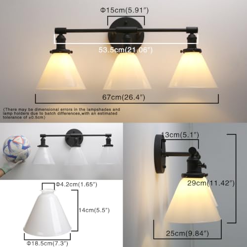 Image of Vintage Industrial 3-Light Bathroom Vanity Light with Milk Glass lampshade - Antique Brass Wall Sconce for Over Mirror, E26 Socket, Hardwired Installation