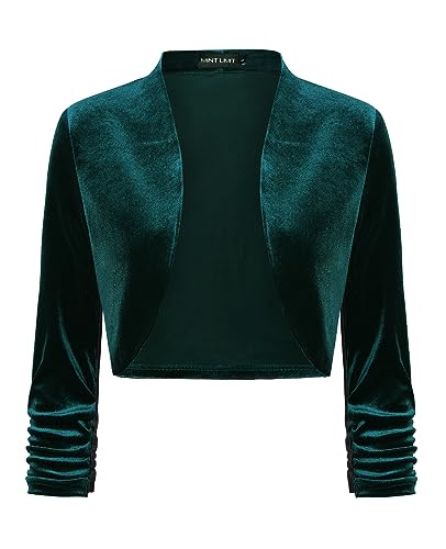MINTLIMIT Women's Velvet Bolero Shrugs for Dresses Ruched 3/4 Sleeve Open Front Cocktail Party Cropped Cardigan