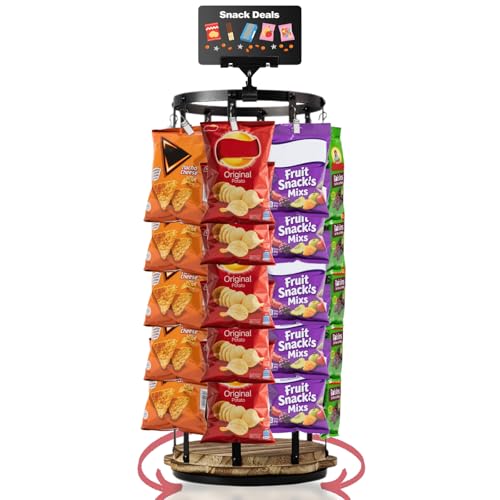 SUOWEEI Chip Rack Display Stand, 5 Tiers 40 Clips Chip Holder Display with Chalkboard Signs, 360° Rotating Wooden Base Snack Rack, Snack Organizer for Concession Stand, Countertop, Party