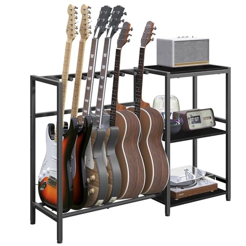 MAHANCRIS Stojak na gitarę, uchwyt na gitarę na 5-6 instrumentów strunowych, odpowiedni do gitary akustycznej, basu, stojaka na gitarę z półkami dla gramofonu, z antypoślizgowymi gumowymi podkładkami