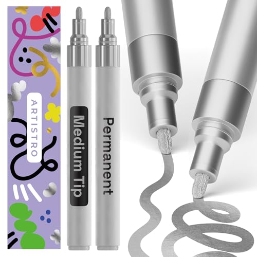 ARTISTRO Metallic Permanent Markers - Set of 2 Silver Paint Pen, Oil Based Paint Markers Medium Tip 3mm, Waterproof Quick Dry Paint Pens for Rock Painting, Ceramic, Glass, Wood, Tire, Fabric & More
