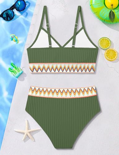 Image of DONWEN Girls Swimsuits V Neck Bikini Set Textured High Waist Girl Two Piece Bathing Suit