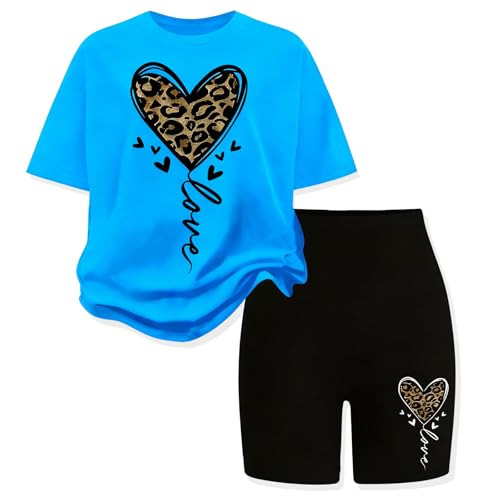 LKALPSQ Little Girls Summer Clothes Set Teen Girls 2-Piece Outfit Trendy Short Sleeve Top +Shorts Outfits for Teens Size 9-10 Years Blue